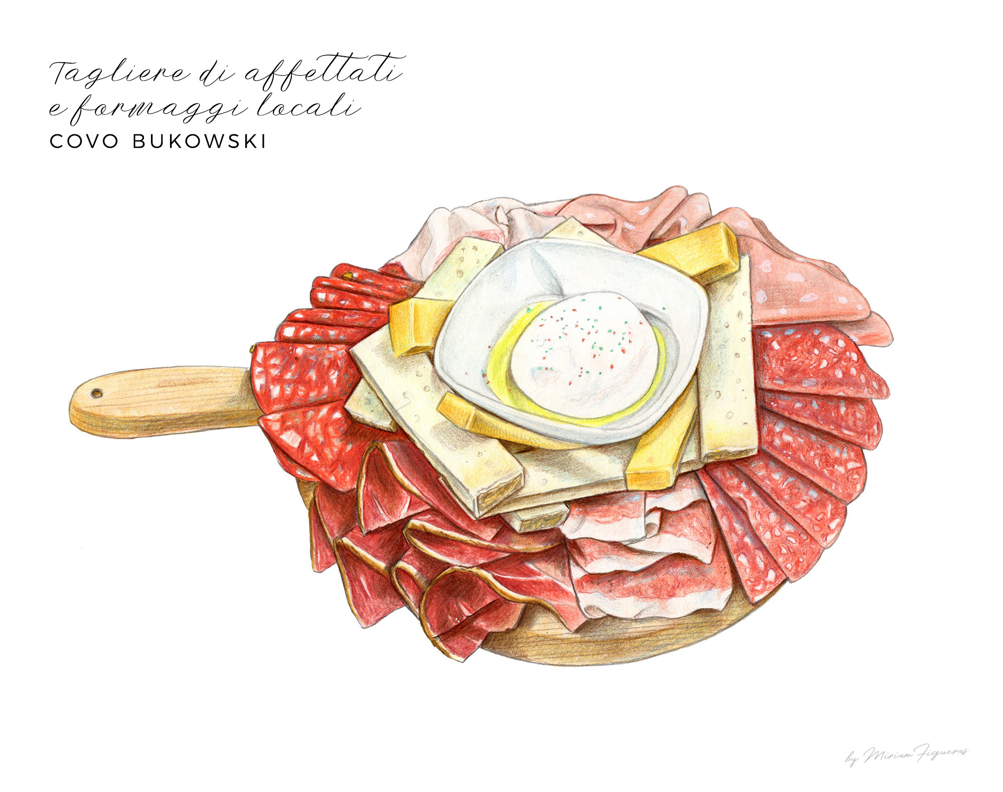 Part of a series of illustrations depicting the sweet culinary wonders of Pistoia, Italy. Food illustration with emphasis on realism, color vibrance and texture. Mixed media technique involving watercolors, colored pencils, soft pastels and graphite by Miriam Figueras.
